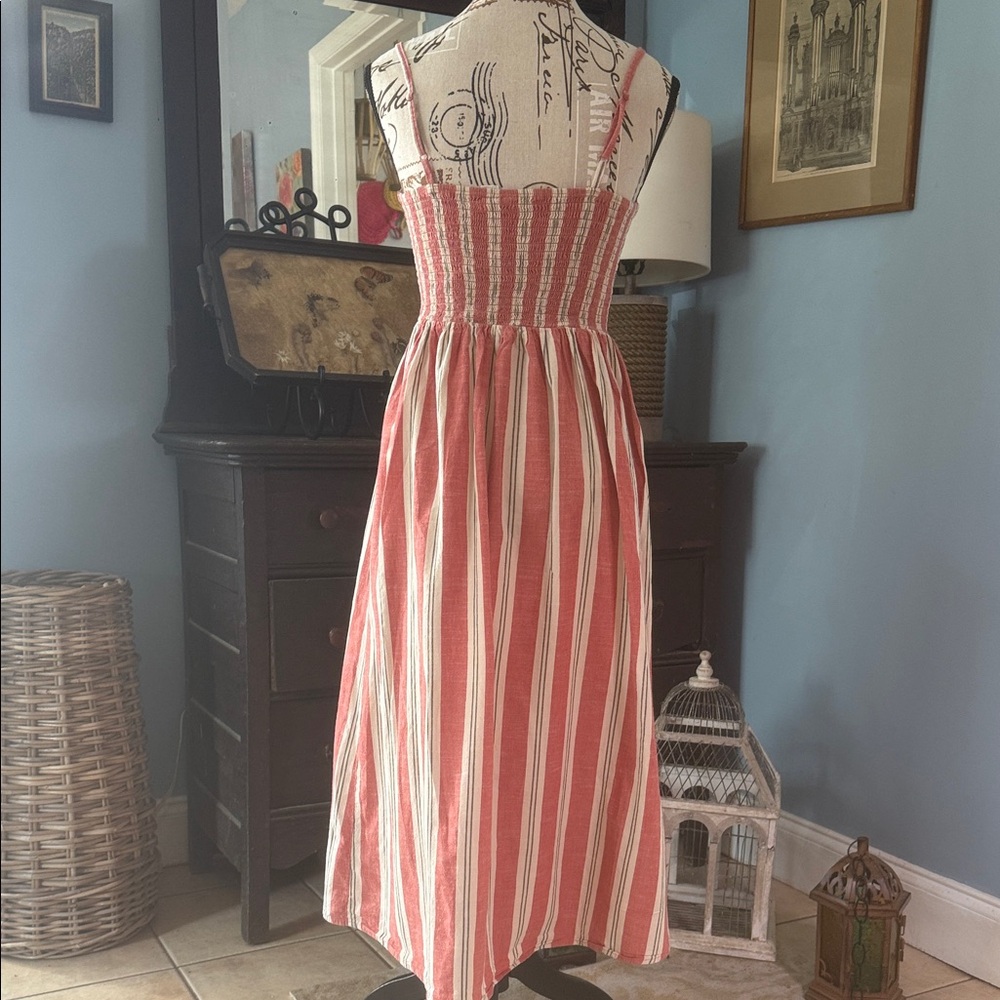 Japna Coral Red Creamy White Striped Tie-Front Button Up Spaghetti Strap Dress - Picture 8 of 12